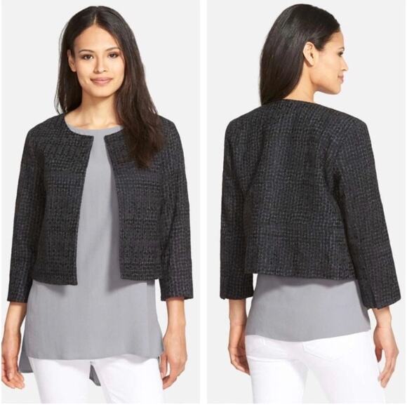 Eileen Fisher Embroidered Squares Open Front Crop Blazer Jacket Black Size XS - Picture 1 of 5